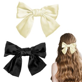 Bow Hair Clip for Women, 2Pcs Satin Solid Color Bowknot French Vintage Large Barrettes Ribbion Bowknot Hairclips Decorative Hair Accessories for Women Girls Headpiece (Black+White)