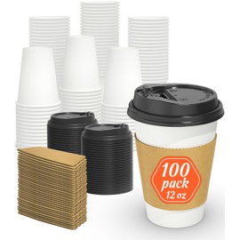 Dealusy 100 Pack 12 oz Disposable Coffee Cups with Lids and Sleeves, Sturdy Thick Paper & Leak-free Insulated to Go Coffee Cups with Lids, Paper Hot Coffee Cups for Hot & Cold Beverage