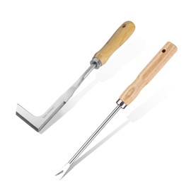 Weed Remover Tool - 2 PCS Patio Garden Weeding Puller with Serrated Edge, Wood Handle Stainless Steel Weed Tool Set with Root Picker, L-Shaped Weed Puller for Greenbelt Farm Removing Moss Dandelion