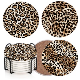 Bribay Coaster for Drinks Set of 6, Leopard Animal African Tiger Cheetah Absorbent Round Ceramic Stone Mat, with Cork Base and Metal Holder, Gift for Housewarming Room Bar Decor