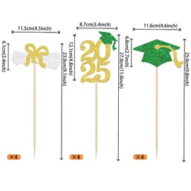 12 PCS 2025 Graduation Centerpiece Sticks Double Sided Glitter Class of 2025 Table Flower Centerpieces Diploma Grad Cap Floral Decorations for 2025 Graduation Theme Party Supplies Gold Green