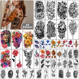 Yazhiji 49 Sheets Large Flower Skull Waterproof Temporary Tattoos for Women and Girls, Realistic Tiger Wolf Bird Temporary Fake Tattoo for Children or Adults