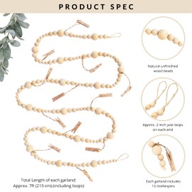 Sage in Thyme 7ft Wooden Beads Garlands with Clothespins Hanging Photo Display Office, Nursery Room, Wall Art for Bedroom, Pictures Cards Holder with Wood Clips, Teen Gift for Birthday