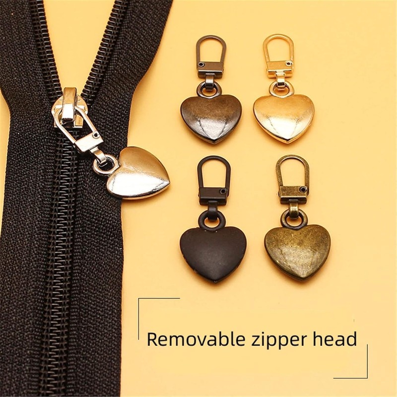 Heart-Shaped Zipper Pulls Replacement Kit, 5 Pieces Metal Pulls with