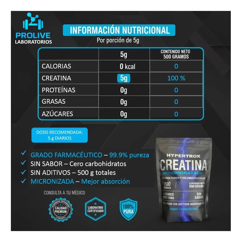 Creatina Monohidratada Usp 500g Micronizada Sin Sabor 100tom