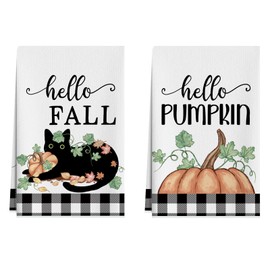 XCHI Fall Cute Black Cat Pumpkin Plaid Autumn Harvest Dish Towels 18x26 Inch Hand Kitchen Towels Dishcloth Home Decorations Set of 2