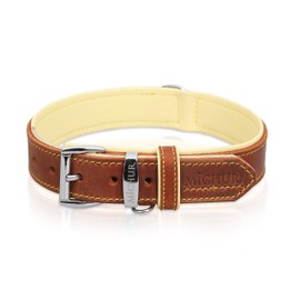 Michur Charly Leather Dog Collar, Brown / Yellow, Leather Dog Collar, Various Sizes Available
