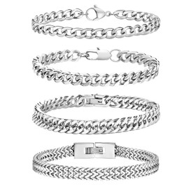 Esmoly Men's Bracelets 4 Pcs Bracelet for Men Silver Gold Black Stainless 316L Steel Bracelet Cuban Chain Gifts for Men Boys 19cm/21cm/23cm (Silver 21cm)
