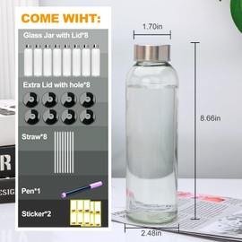 Encheng 16oz Glass Bottles,Reusable Glass Juice Bottles with Lids and Straws,Set of 8,Clear Glass Water Juicer Containers with Two-types of Lid for Beverage,Smoothies,Milk,Iced Coffee,Tea,Sauces