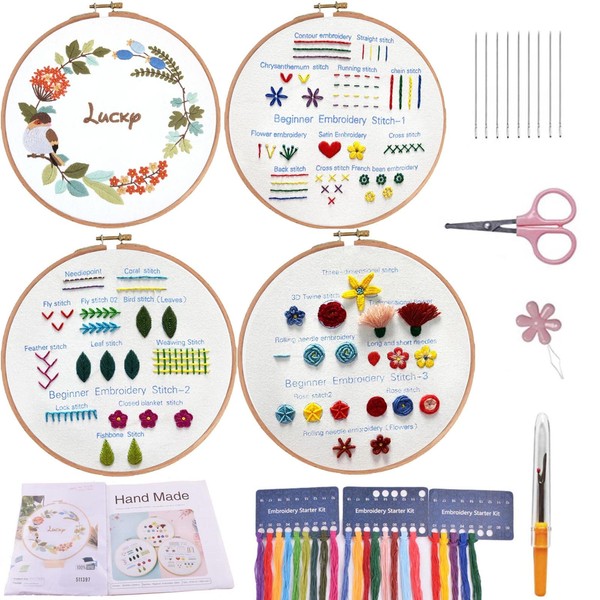 Beginners Embroidery Stitch Practice kit, 4 Sets Embroidery Kit to