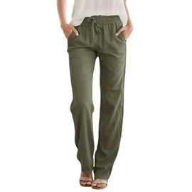 SEMARO Womens Casual Linen High Waist Pants Drawstring Loose Fit Summer Pants Trousers with Side Pockets Army Green