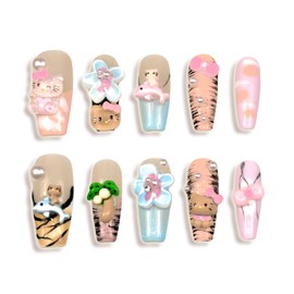 Handmade Press On Nails Long Coffin Surfing Girls Blue Brown with Full Covered Cute Cat Fish Flowers Bows Reusable Fake Nails 10Pcs Size M