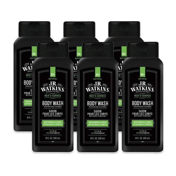 JR Watkins Natural Daily Moisturizing Body Wash, Wintergreen & Sprice, 6 Pack, Hydrating Shower Gel for Men and Women, Free of SLS, USA Made and Cruelty Free, 18 Fl Oz (Pack of 6)