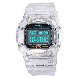 Mens Military Multifunction Digital Watches 50M Water Resistant Electronic 7 Color LED Backlight Black Sports Watch (Y White)