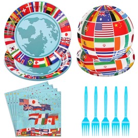 Grencian 96Pcs International Flags of The World Party Plates and Napkins Travel Themed Party Decoration Tableware Set Trip Around the World Decorations for Birthday Trip Retirement Party Supplies