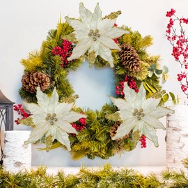 Briful 12'' Large Heads Christmas Glitter Poinsettia Flowers Christmas Tree Ornaments Set of 4 Artificial Flowers with Picks Stems for Xmas Tree Party DIY Holiday Decorations, White and Gold