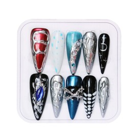 CAMILCY Press on Nails Handmade Nails Luxury Reusable Fake Nails For Girls long Almond Armor Tip Black Blue Diamonds Hand Painted Salon Loveful Design Acrylic GelUV Finished 3D Nails 10PCS (A047, L)