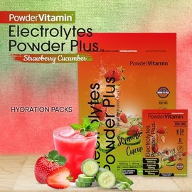 PowderVitamin Electrolytes Powder Plus, Keto, fresa y pepino, sin azúcar, 1000 mg de potasio, 120 mg de calcio, 120 mg de magnesio, sin OGM