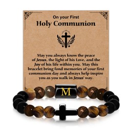 Casxyue First Holy Communion Gift For Boys Cross Bracelets With Initial For Son Grandson Confirmation Christian Gifts (M)