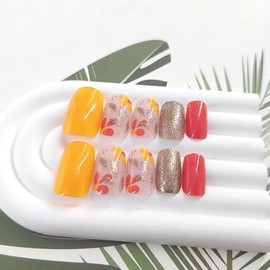 Fall Press on Nails Medium Square Fake Nails Press Ons with Maple Leaf Flower Design Golden Glitter Yellow and Red False Nails Artificial Stick on Nails for Women Manicure 24Pcs