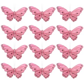 12PCS Pink Feather Butterfly Decorations: Small Handmade Butterflies with Glitters and Rhinestones, Sticker for Wall Party Wedding Decor, Picks for Flower Arrangements, Clip for Hair