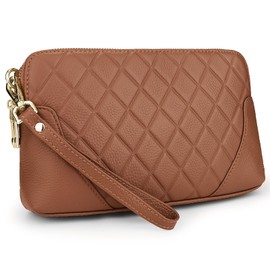 YALUXE Womens Wristlet Real Leather Quilted double zippers Large Clutch Wallet Shoulder Strap