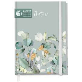 paper&you® Notebook Squared A6+ with Elastic Band "Minty Leaves" with 156 Pages, 78 Sheets - Notebook, Bullet Journal, Diary - Sustainable and Climate Friendly
