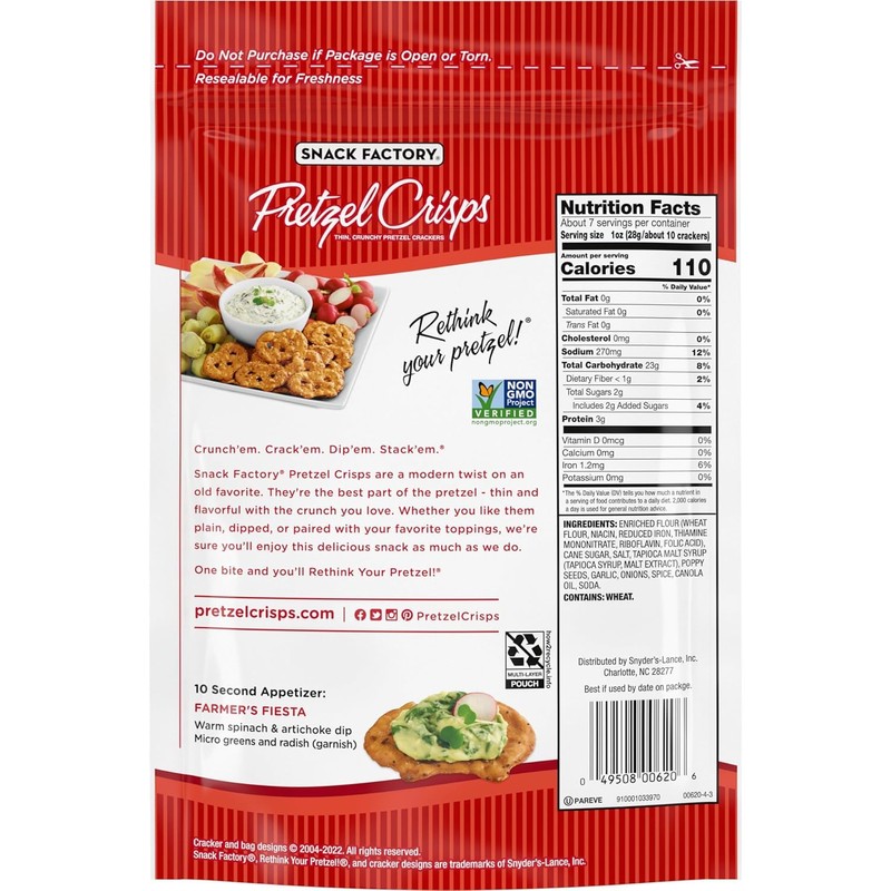Snack Factory Pretzel Crisps Everything Flavor 7.2oz (PACK OF 12)