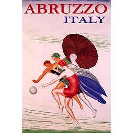 WONDERFULITEMS Abruzzo Italy Summer Beach Happy Women Playing Ball Sun Umbrella Travel 20" x 30" Image Size Vintage Poster repro on Matte Paper. We Have Other Sizes