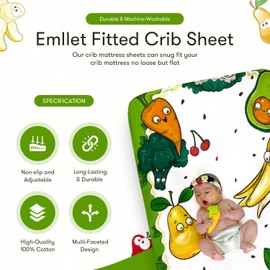Happy Fruits & Vegetables Crib Sheet - 100% Cotton Fitted Crib Mattress Sheet - Soft & Breathable Baby Bedding - Fun Fruit & Veggie Print for Boys & Girls - Fits Standard Size Cribs & Toddler Beds