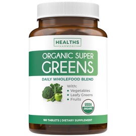 Healths Harmony USDA Organic Greens Powder (180 Tablets) Convenient Pills - Complete Superfood Supplement with 28 Fruits & Vegetables - Super Antioxidants, Energy, Gut Health, and Immune Support (No Capsules)