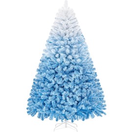Yaheetech 7.5ft Premium Snow Flocked Artificial Christmas Tree Hinged Pine Full Holiday Xmas Tree for Home Office Party Decoration w/1284 Branch Snow Tips & Metal Stand, Blue Gradient & White
