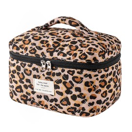 uekeboag Large Travel Quilted Makeup Bag for Women, Floral Cotton Cosmetic Bag, Coquette Aesthetic Floral Toiletry Organizer Bag(Leopard
