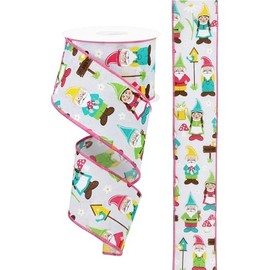 Garden Gnome Wired Ribbon for Wreaths, Crafts, and Decorations (White, Pink, Yellow, Teal, Green, 2.5" Wide x 10 Yards (30' Ft))