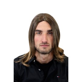 Men's WIG (for Men or Unisex) HIGH QUALITY synthetic straight long INDIE MUSICIAN brown brunette MIDDLE PARTING with BLOND ends youthful adolescent look GFW891-2T19