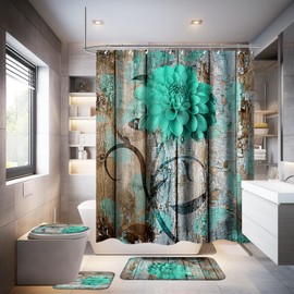 Neween 4 Pcs Green Shower Curtain Set, Modern Bathroom Sets with Rugs Toilet Lid Cover and Bath Mat, Durable Waterproof Bathroom Curtain Decor Set Bath Accessories with 12 Hooks (Green Flower)