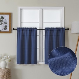 Lecloud Bessie Blue Kitchen Curtains 30 Inch Length 2 Panels, Faux Linen Textured Curtains for Bedroom, Window Curtain Tiers with Dual Rod Pocket for Home Decor, Each 30 W x 30 L