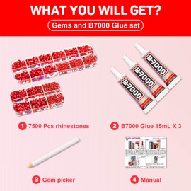 b7000 Gem Glue with 7500Pcs Red Rhinestones for Crafts Clothes Clothing Fabric, Red Flatback Crystals Rinstonestone for Shoes Crafting Tumblers Cups, Shiny Red Flat Back Bedazzler Diamonds kit 2-5mm