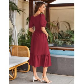 GRACE KARIN Women's Summer Short Sleeve Casual Dresses Smocked A Line Square Neck Flowy Dress with Pockets Red 2XL