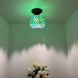 enjoy decor lamps Tiffany Ceiling Lights Fixture Green Stained Glass Leaves LED Bulb Included for Living Room Bedroom Kitchen 8”W*8”D*8”H