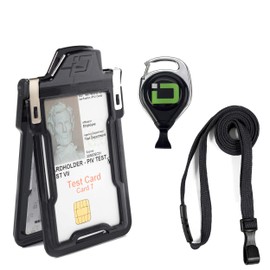ID Stronghold Secure Badgeholder Classic 1 Card ID Badge Holder with Lanyard and Retractable Reel - RFID Blocking Badge Holder Made in The USA (Clear 5 Pack) (1, Black/Black)