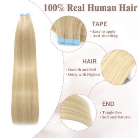 Lveyan Tape in Hair Extensions Human Hair, 20 Inch Balayage Brown/Bleach Blonde Remy Human Hair for Women Skin Weft 20pcs 50g/pack Invisible Tape in Hair Extensions (#P18/613, 20 Inch)