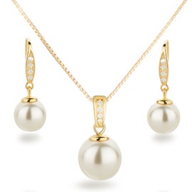 Beautiful SD Jewellery Set Pearl 925 Silver Gold-Plated Pendant Necklace Earrings, 925 silver, 18 carat gold plating, Pearl