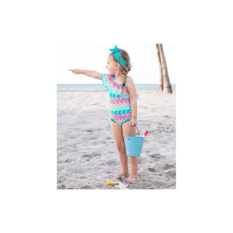 RuffleButts Girls UPF50+ Sun Protection One Shoulder Single Ruffle One