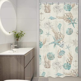 Omifly Starfish and Seashell Small Stall Shower Curtain 36Wx72H Inch Nautical Single Half RV Narrow Ocean Beach Coral Vintage Retro with 7 Plastic Hooks Fabric Waterproof Toilet Accessories Decor