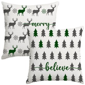 Artmag Christmas Pillow Covers 16x16 inch Set of 2, Farmhouse Xmas Trees Moose Believe Throw Pillow Covers Cushion Case Holiday Winter Decoration for Couch Sofa Green