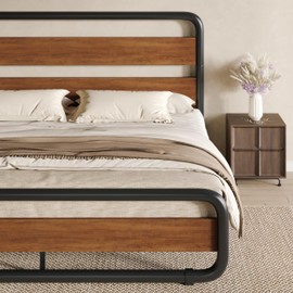 SHA CERLIN Queen Size Metal Bed Frame with Wooden Headboard and Footboard, Heavy Duty Oval-Shaped Platform Bed with Under-Bed Storage, Noise Free, No Box Spring Needed, Vintage Walnut