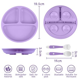 Vicloon Suction Plates, 2 Pcs Baby Toddler Plate Silicone, BPA Free Divided Plate with 2 Pcs Baby Bendable Spoons, Divided Plate Design,Silicone Grip Dish Microwave & Dishwasher Safe
