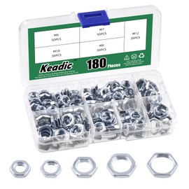 Keadic 180Pcs 5 Sizes White Zinc-Plated Hex Female Locknut Assortment Set, M6x1mmx3mm, M7x0.77mmx3mm, M8x1mmx3mm, M10x1mmx3mm, M12x1mmx3mm Lock Nuts for Plumbing