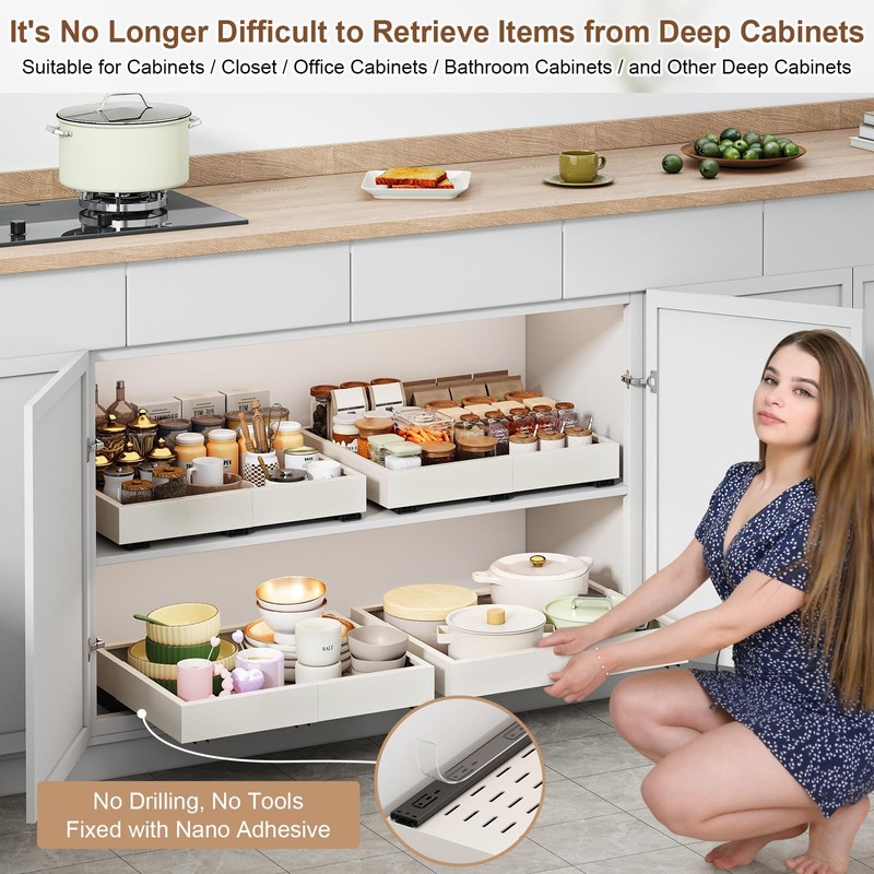 Pull out Cabinet Organizer,Expandable Width(15"-21"),Depth(17"-24") with 3 Rails,Roll out Drawers,No